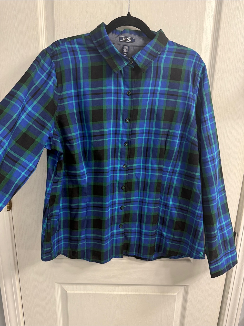 Izod Green Black Teal and Blue Plaid Classic Button-Down Long Sleeve Shirt